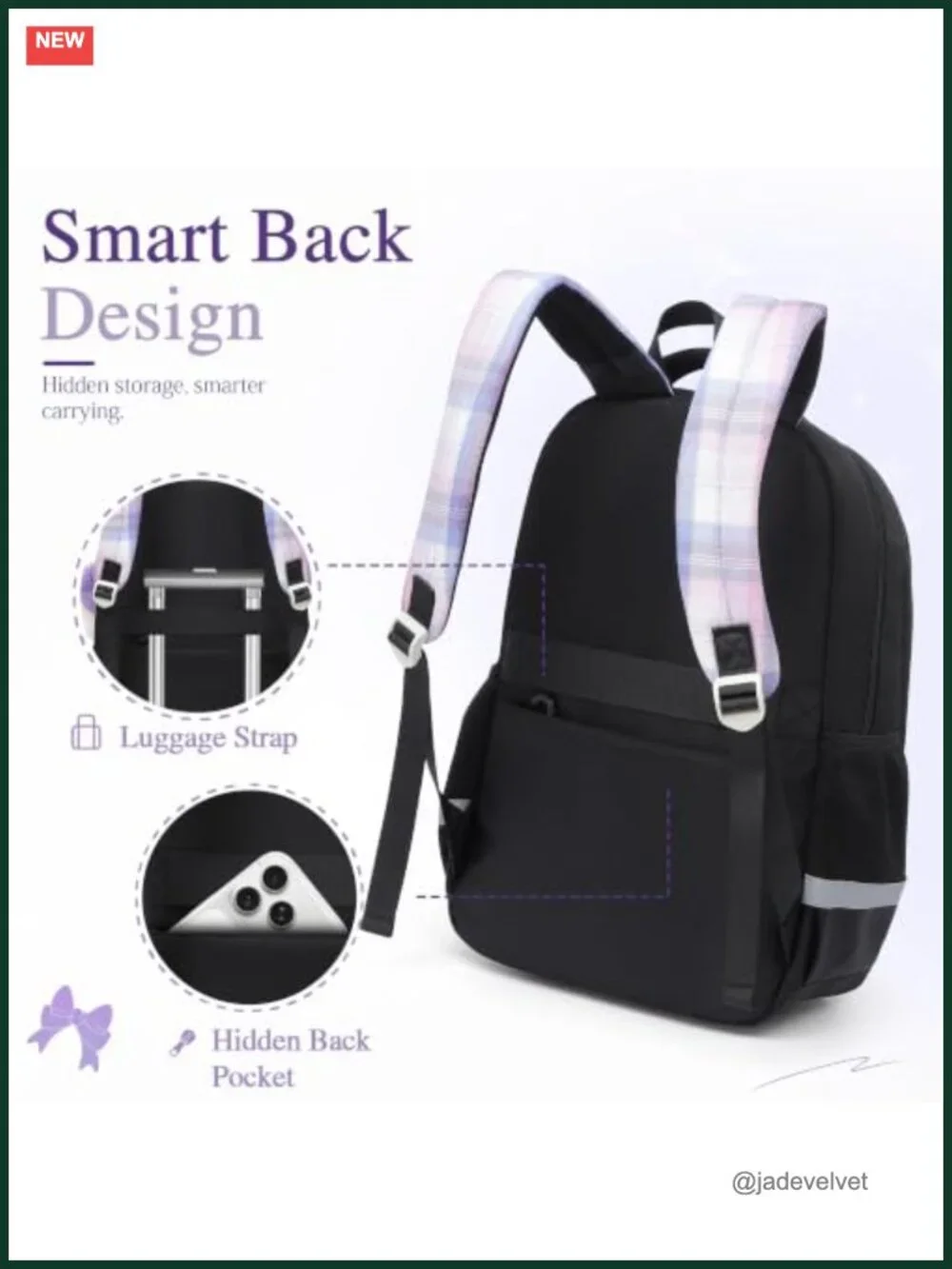 Preppy Plaid Bow Backpack with Pom Charms Lightweight School Bag